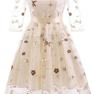 Floral Embroidery Tulle Dress Women Short 3/4 Sleeve Prom Evening Wedding